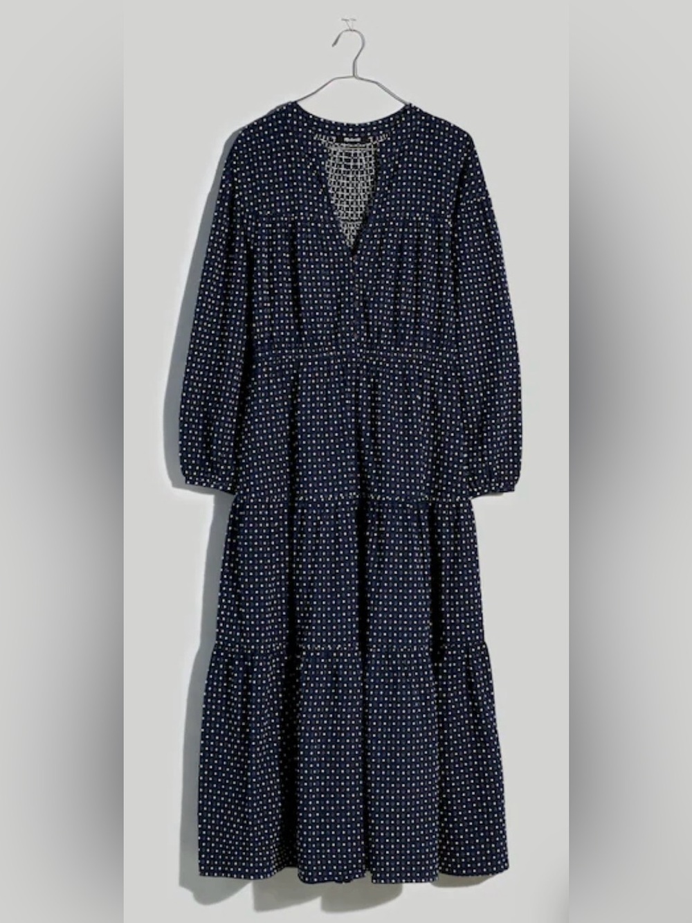 Madewell Navy Blue Dobby V-Neck Tiered Midi Dress Cotton Embroidered Pockets S